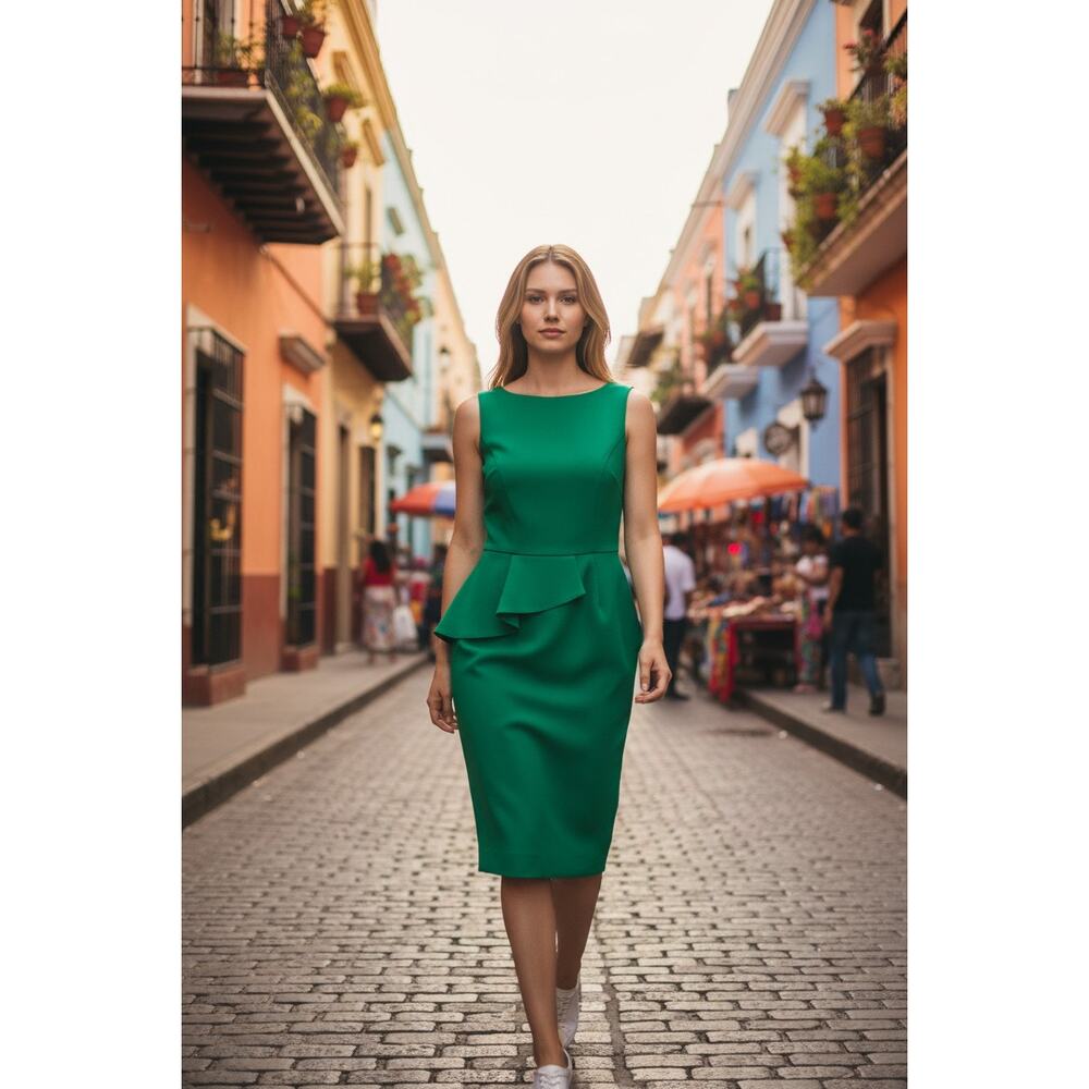 Antonio Melani Kelly Green Peplum Shift Dress Size 2 Midi Work Occasion EUC